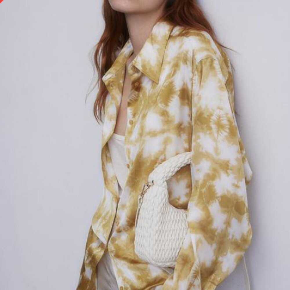 H&M-Oversized Blouse- Yellow and white tie-dye-sheer button up-size M- NWOT